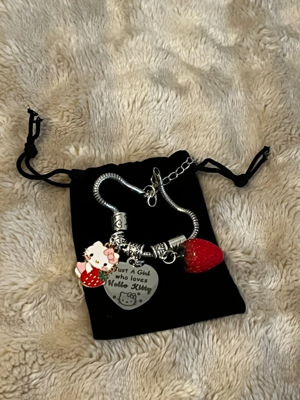 BRAND NEW Sanrio Hello Kitty Kids Silver Tone Charm Bracelet with Strawberry Cha